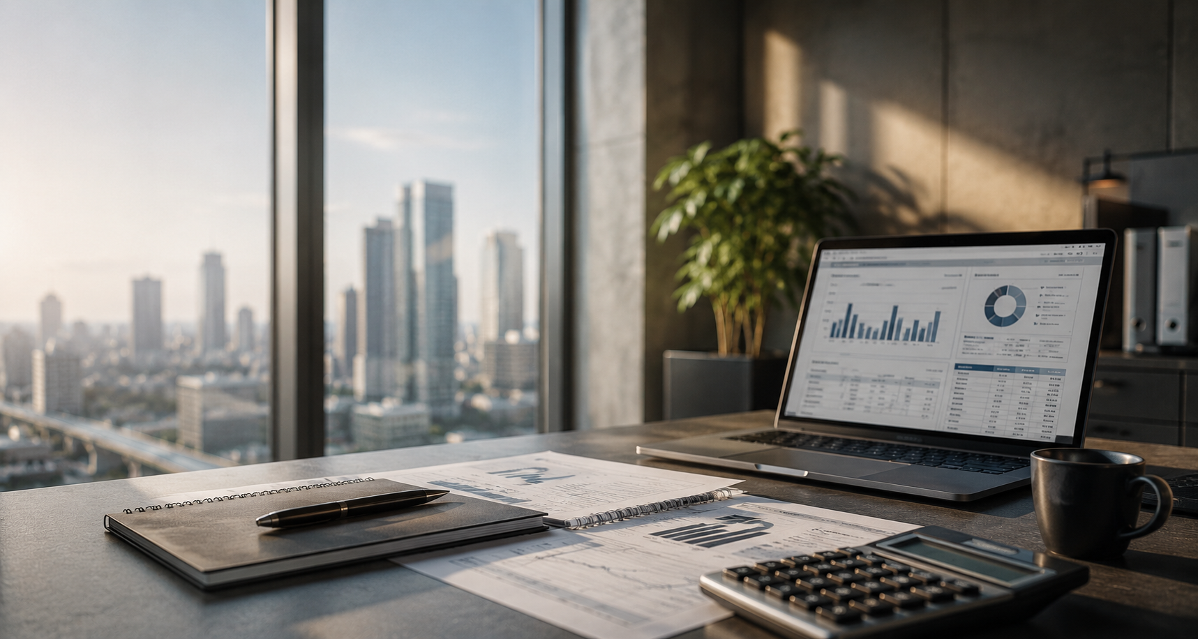 Mesa executiva com relatórios financeiros e dashboard em laptop, skyline ao fundo - Einfach Soluções